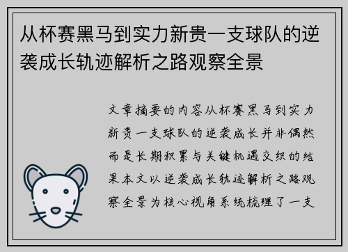 从杯赛黑马到实力新贵一支球队的逆袭成长轨迹解析之路观察全景